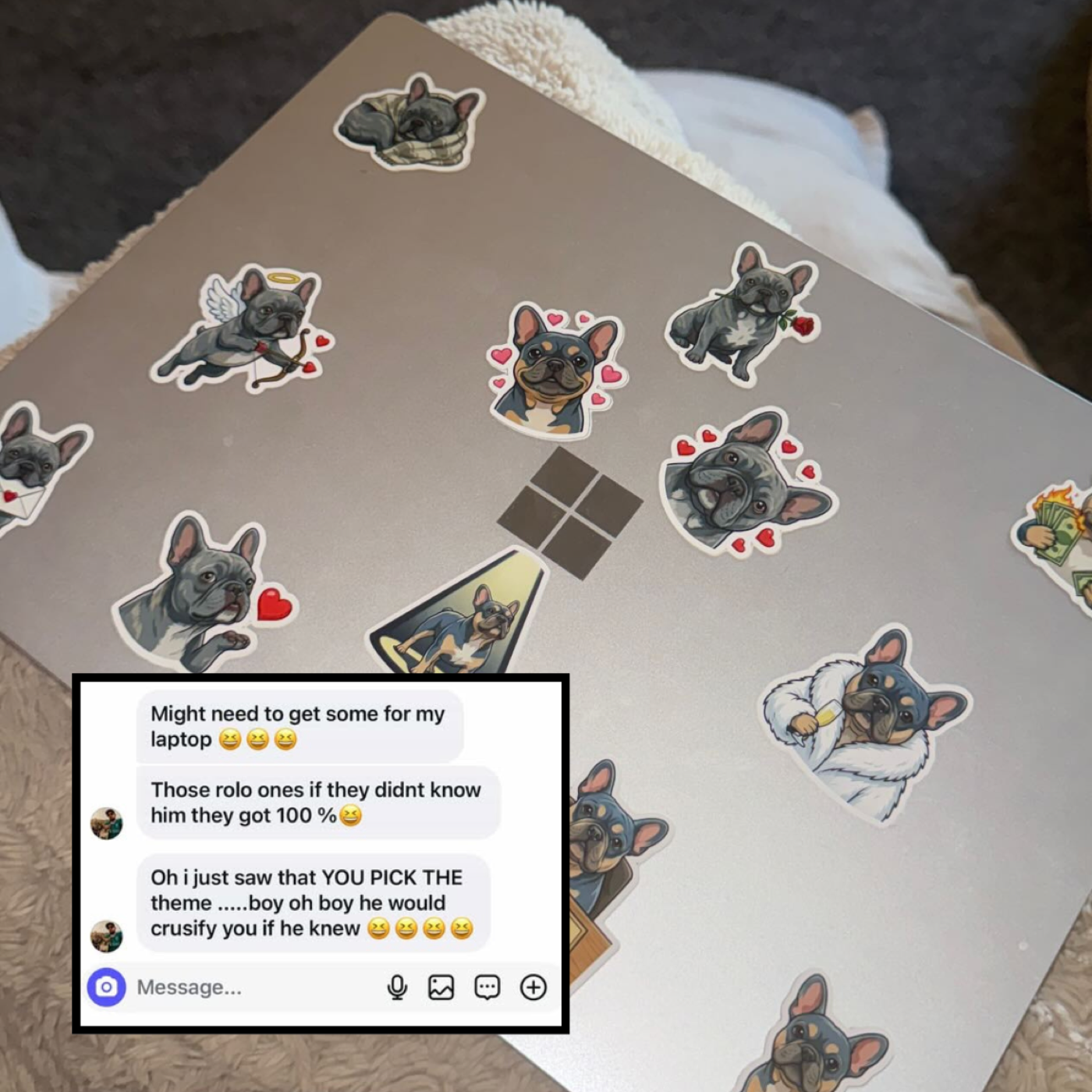 UGC ad — customer laptop covered in Pipsqueak stickers